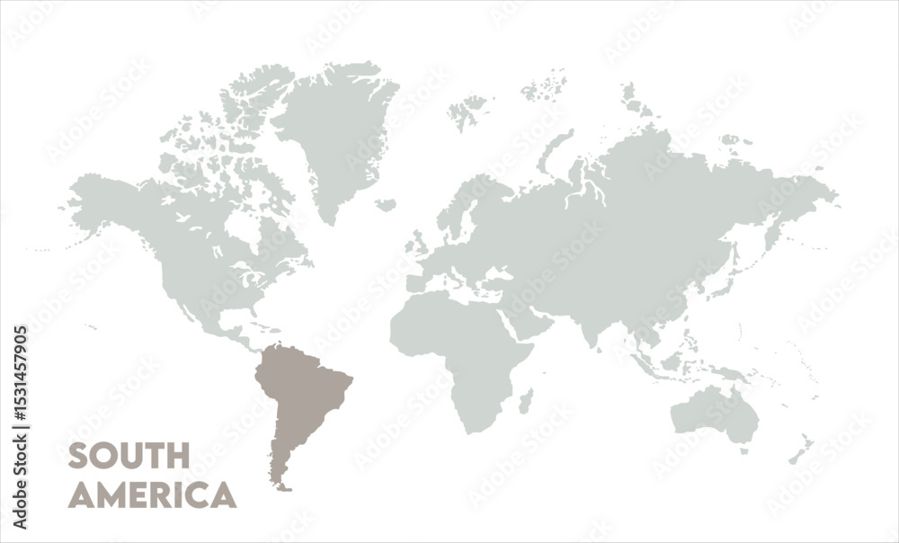 Naklejka premium Vector world map with South America-14, Map of South America, highlighted on the world map, South America on the world map, Satellite view, South America's location on the globe.