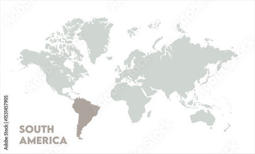 Vector world map with South America-14, Map of South America, highlighted on the world map, South America on the world map, Satellite view, South America's location on the globe.