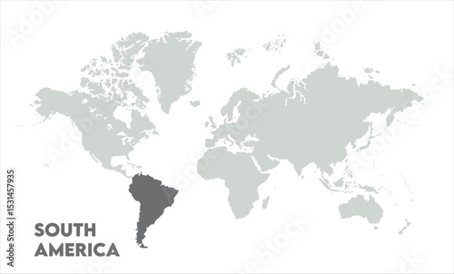 Vector world map with South America-15, Map of South America, highlighted on the world map, South America on the world map, Satellite view, South America's location on the globe.