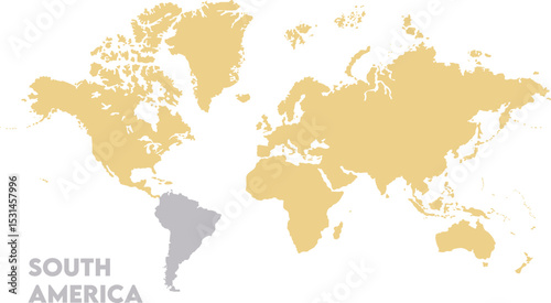 World map with South America focus-03, Map of South America, highlighted on the world map, South America on the world map, Satellite view, South America's location on the globe.