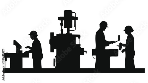 ( Machine Operators)Vector Silhouettes of factory workers interacting with machinery/A simple silhouette image depicts factory workers interacting with machinery in a production setting.