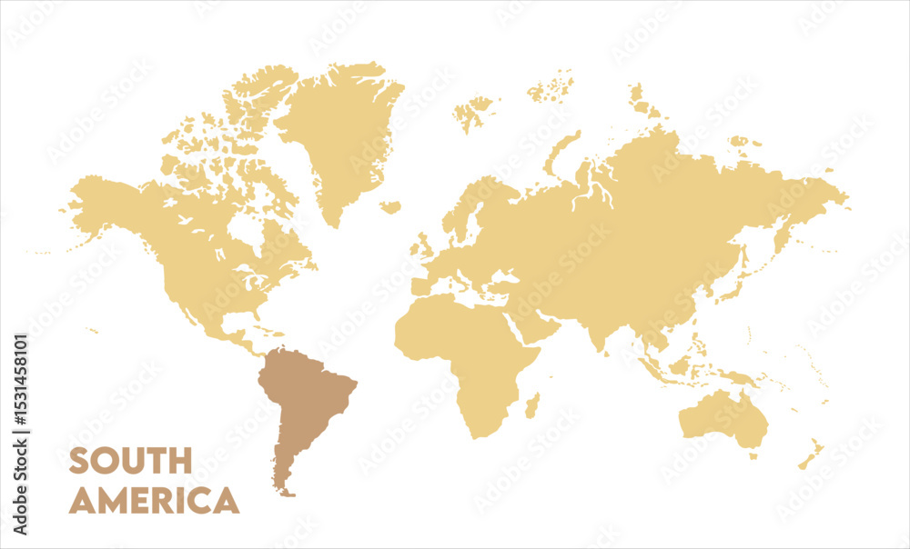 Obraz premium World map with South America focus-05, Map of South America, highlighted on the world map, South America on the world map, Satellite view, South America's location on the globe.