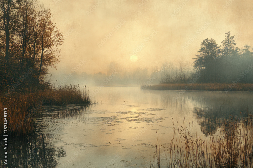 Obraz premium Reeds frame foggy lake; trees loom in background.
