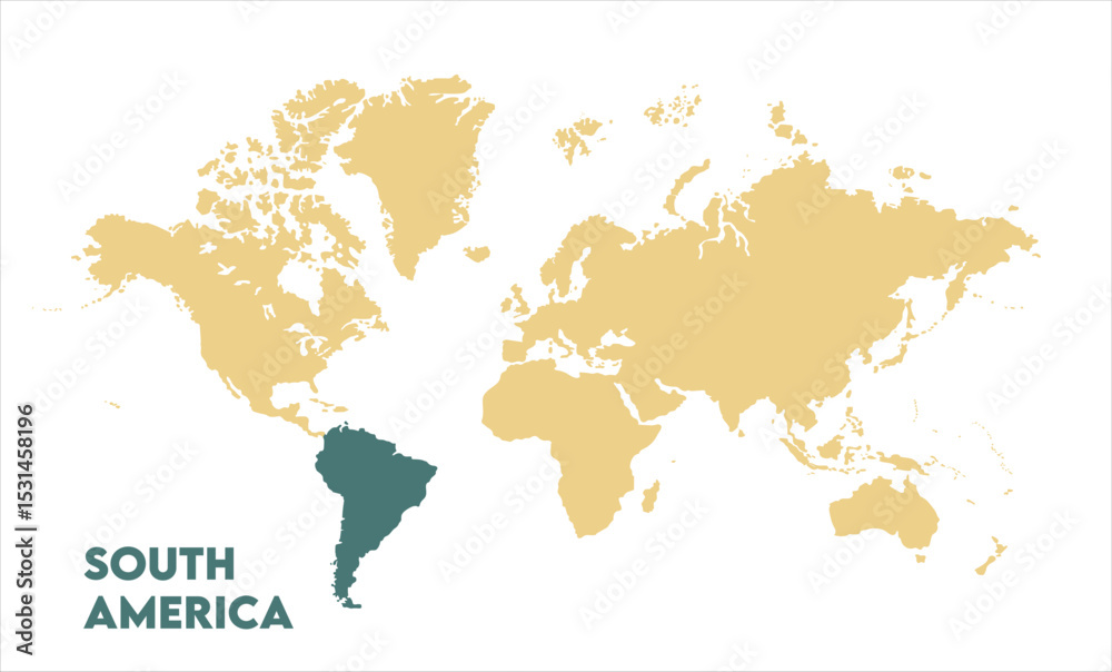 Naklejka premium World map with South America focus-07, Map of South America, highlighted on the world map, South America on the world map, Satellite view, South America's location on the globe.