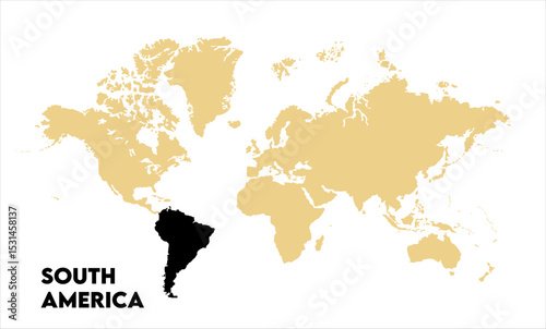 World map with South America focus-06, Map of South America, highlighted on the world map, South America on the world map, Satellite view, South America's location on the globe.