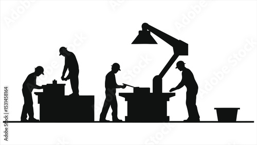 (Machine Operators)Vector Silhouette of Workers in a Manufacturing Setting/A silhouette illustration depicts three workers in a factory or workshop.