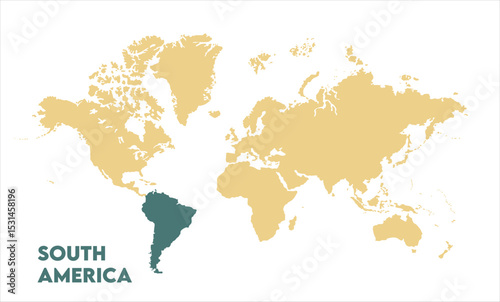 World map with South America focus-07, Map of South America, highlighted on the world map, South America on the world map, Satellite view, South America's location on the globe.