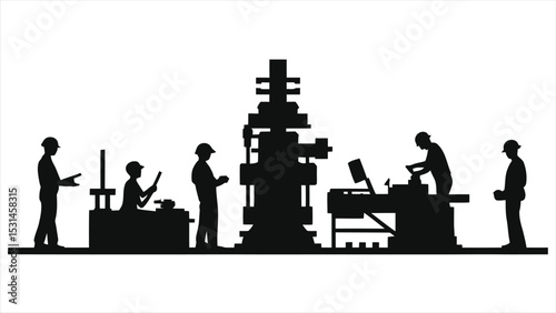 (Machine Operators)Vector Silhouette of industrial workers operating machinery/A silhouette illustration depicting industrial workers at machinery.