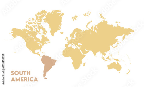 World map with South America focus-10, Map of South America, highlighted on the world map, South America on the world map, Satellite view, South America's location on the globe.