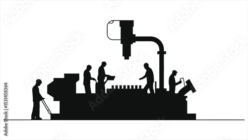( Machine Operators) Vector Silhouette of Factory Workers Operating Industrial Machinery/A simple black and white silhouette illustration depicting factory workers operating machinery.