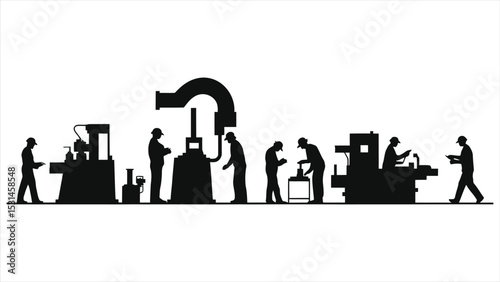 (Machine Operators)Vector Silhouette of factory workers operating machinery/A horizontal shot of silhouette figures representing factory workers engaged in various tasks within a manufacturing setting