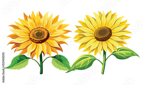 Bright Yellow Sunflower Clipart - Beautiful Summer Floral Illustration with Green Leaves