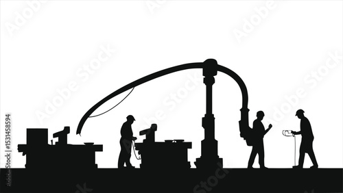 ( Machine Operators)Vector Silhouette of industrial workers operating machinery/A silhouette  of industrial workers operating machinery in a factory setting.
