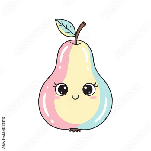Cute cartoon pear character smiling with pastel colors, copy space