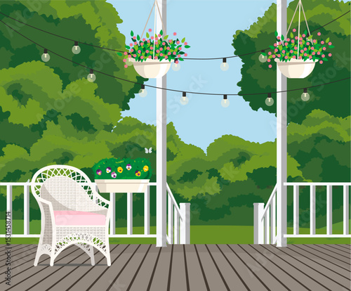 Wicker chair on the veranda overlooking the garden. photo