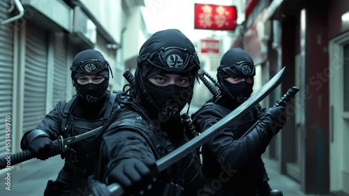 Swordwielding ninja warriors prepare for battle in a cyberpunk urban environment at night, sword-wielding ninja warriors, cyber punk