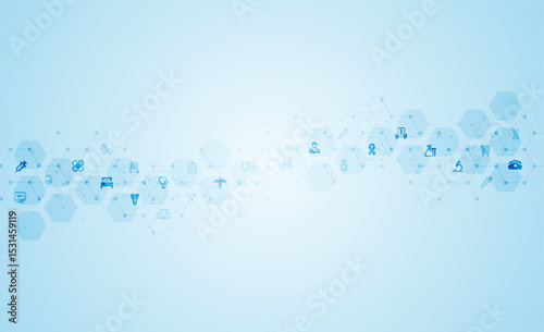 Abstract medical background with flat icons in hexagons. Design for science, medicine or technology, innovation medicine, health