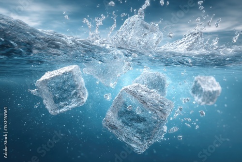 Ice cubes plunging into water, splashing