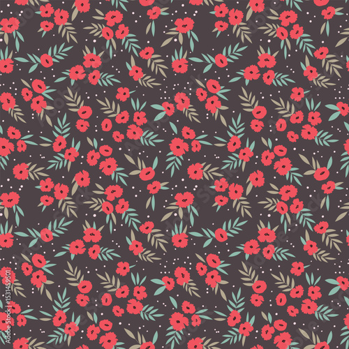 Seamless floral pattern based on traditional folk art ornaments. Colorful flowers on color background. Scandinavian style. Sweden nordic style. Vector illustration. Simple minimalistic pattern.