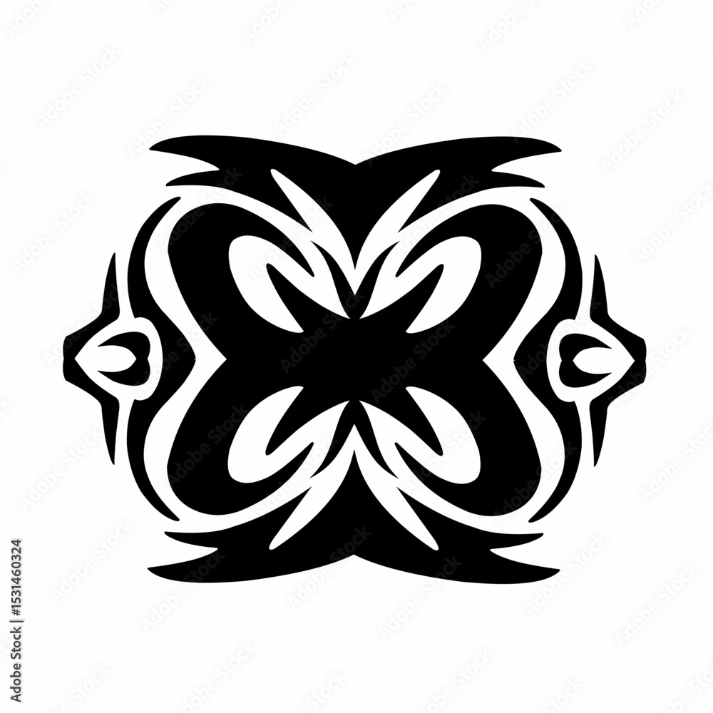 Symmetrical Tribal Design Black and White Ink Artwork