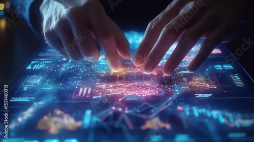 Hands Interacting with Glowing Digital Interface
