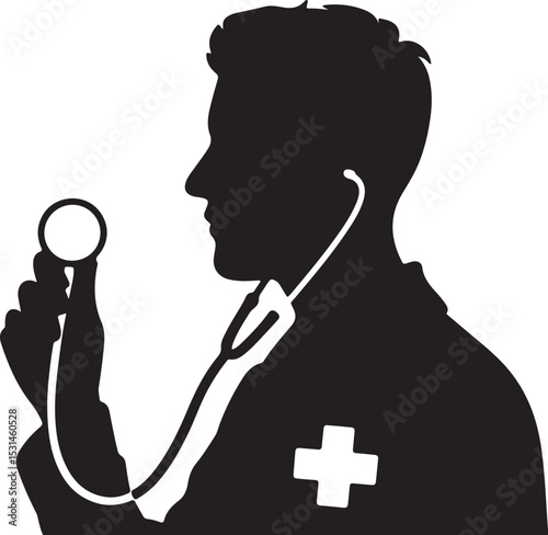 Doctor Silhouette Holding Stethoscope Medical Professional Health Care Provider Concept.