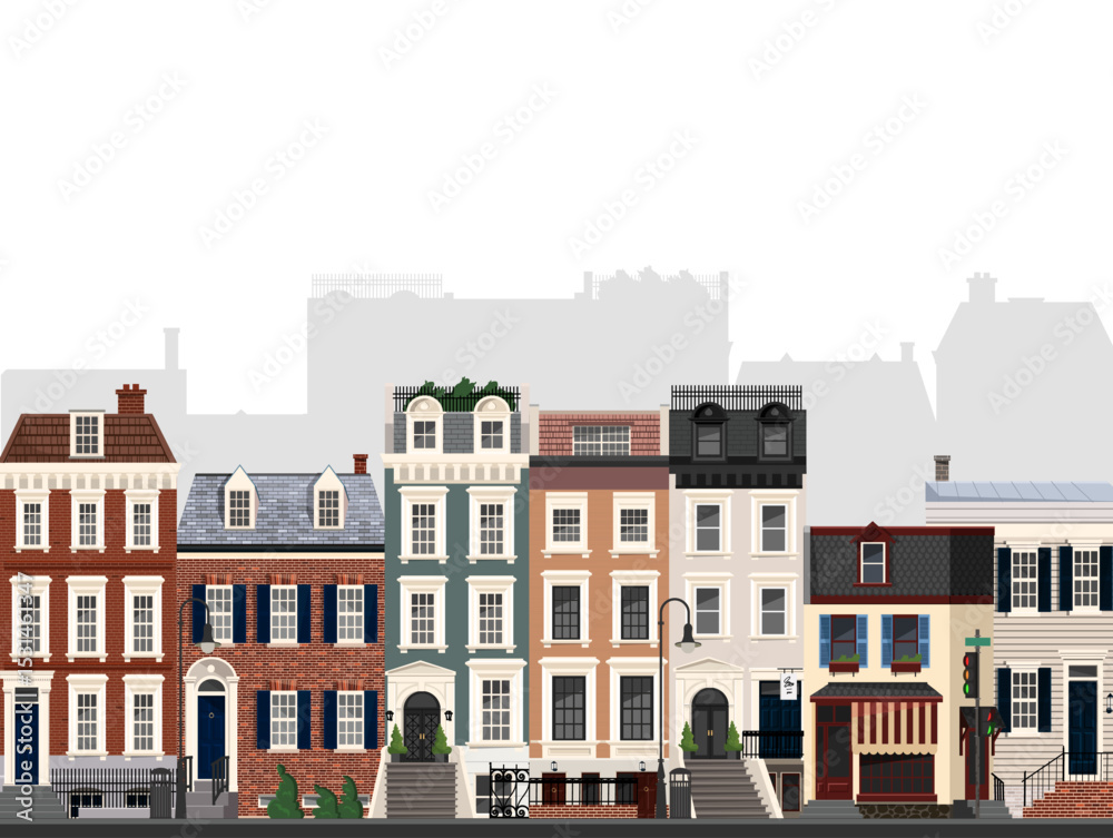 Obraz premium Illustration of an endless, seamless view of a cozy city street.