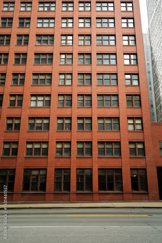 Obraz premium The exterior of a red brick building showcases a series of windows, beautifully highlighted against the backdrop of a bustling urban environment during the daytime in a contemporary city