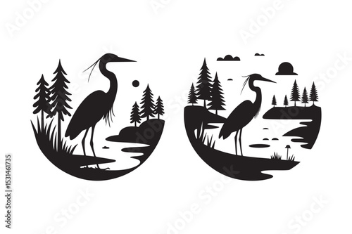 Heron Bird Silhouettes in Nature