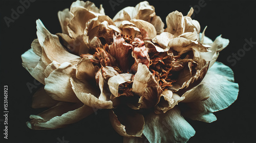 Beautiful bouquet of different flowers on black background. Floral card design with dark vintage effect.
