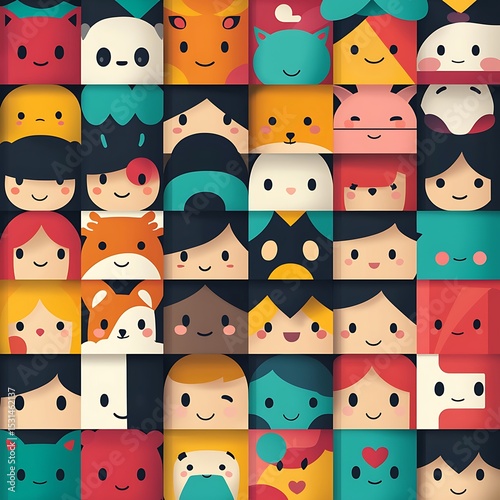 Cute character faces in a grid pattern