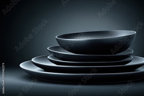 Dark, smooth, ceramic bowls and plates stacked
