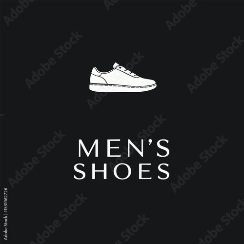 minimalist white outline of a classic sneaker above the bold text "MEN'S SHOES" on a plain black background, ideal for footwear branding.