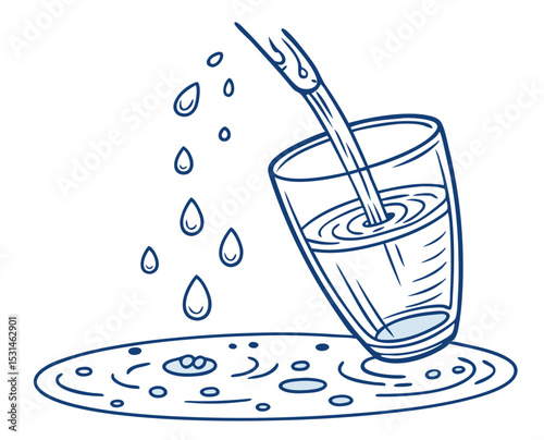 Line art illustration of water pouring into a glass with droplets and splashes