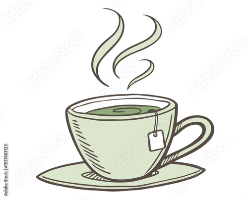 Hand-drawn illustration of a steaming cup of green tea with a tea bag