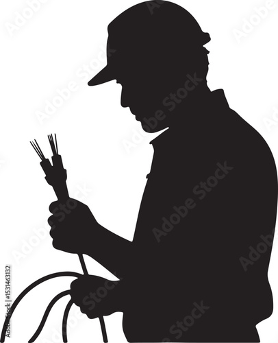 Silhouette Of A Cable Technician Connecting Fiber Optic Wires Professionally.
