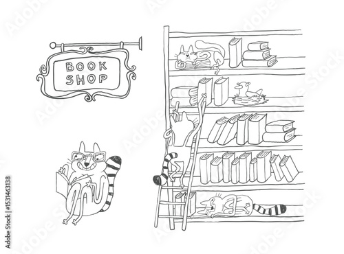 Set of funny doodle cat characters in a bookshop, hand drawn minimalist line art