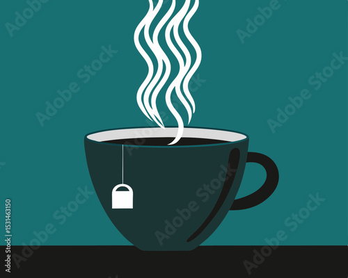 Stylish illustration of a steaming cup of tea with a tea bag on a dark background