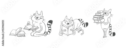Set of funny doodle cat characters in a bookshop, hand drawn minimalist line art