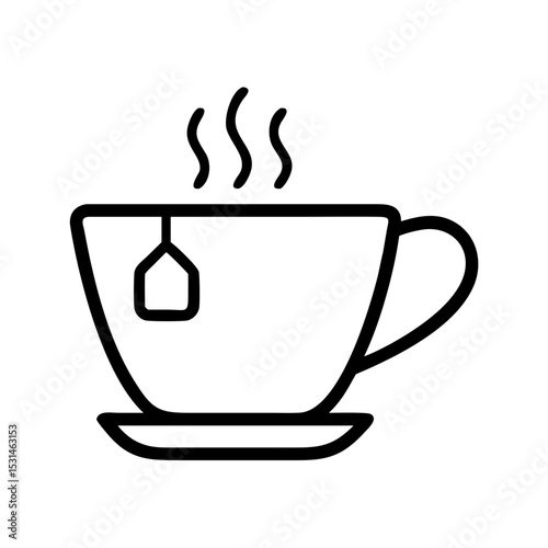 Line art illustration of a steaming cup of tea with a tea bag label