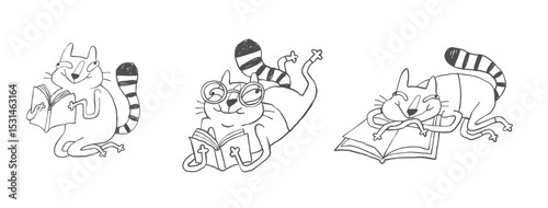 Set of funny doodle cat characters in a bookshop, hand drawn minimalist line art