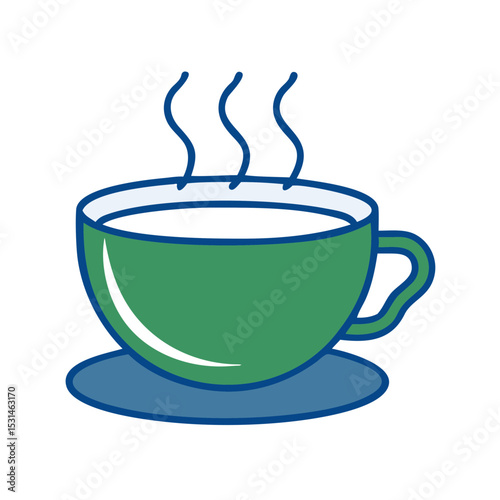 Vibrant illustration of a steaming green tea cup on a saucer