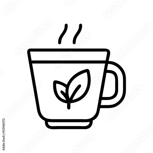 Line art illustration of a steaming tea cup with a leaf design