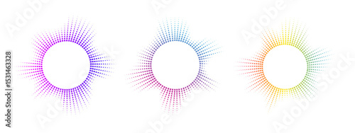 A set of multicolor equalizers made of burst beams . Radial sound, neon sound waves. Music symbol, circular sound waves, digital communication. Vector radial spectrum.