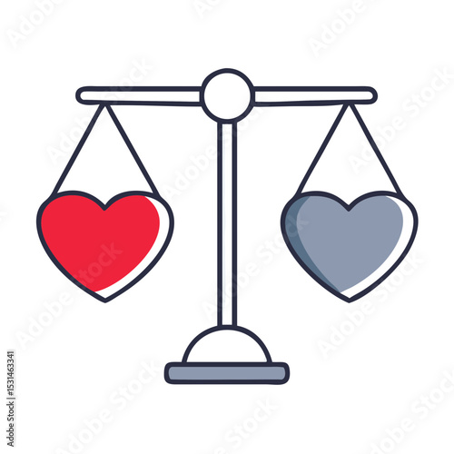 Illustration of a balance scale with red and gray hearts, symbolizing emotional balance