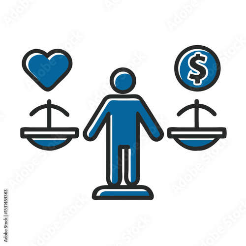 Illustration of a person balancing heart and dollar symbols, representing lifestyle balance