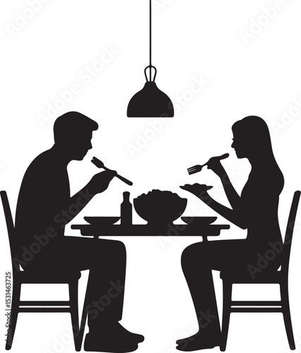 Silhouette Illustration Of A Couple Enjoying Dinner Under A Hanging Lamp.