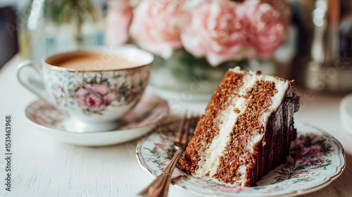 Afternoon tea with floral porcelain tea set, pretty sponge cakes, teatime set amid English garden roses in dappled countryside light
