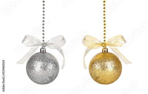 Elegant gold and silver glitter Christmas ball ornaments with matching ribbons, ideal for festive holiday decorating and sparkling tree displays photo