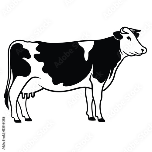 A black and white dairy cow stands facing right, showcasing its distinctive markings
